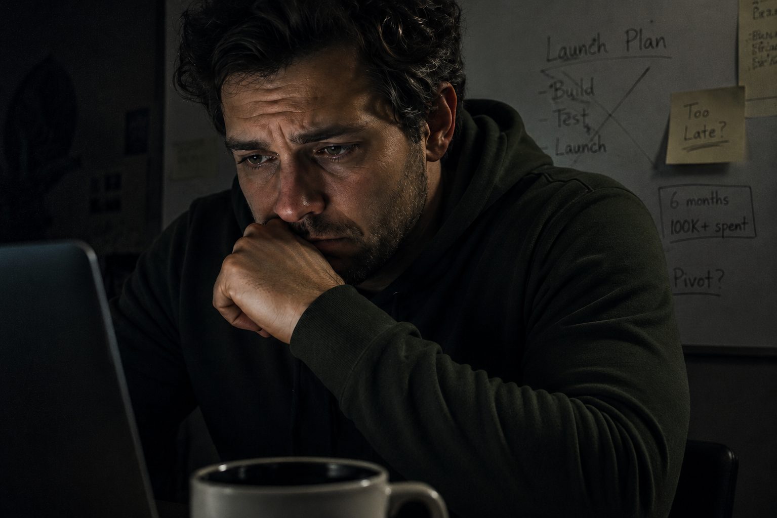 Noir editorial illustration of a founder reviewing evidence before building